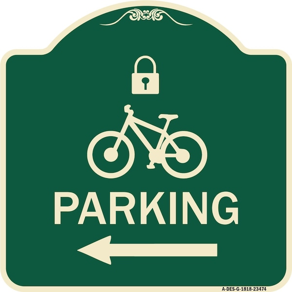 Parking W/ Lock Cycle & Left ArrowHeavy-Gauge Aluminum Architectural Sign, 18" x 18", G-1818-23474